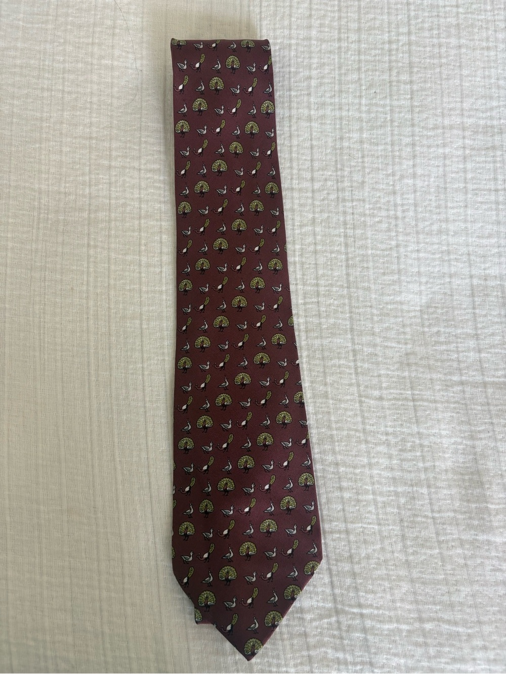 Hermes Maroon Silk Tie with Green Peacock Motif